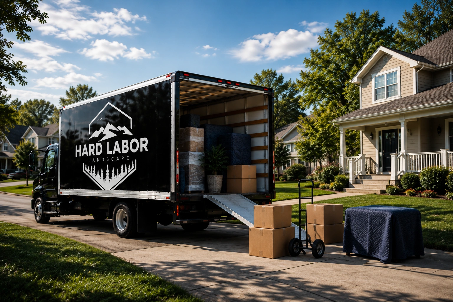 Branded moving truck loaded with boxes and a dolly