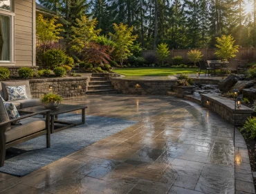 Power-washed paver patio with outdoor furniture