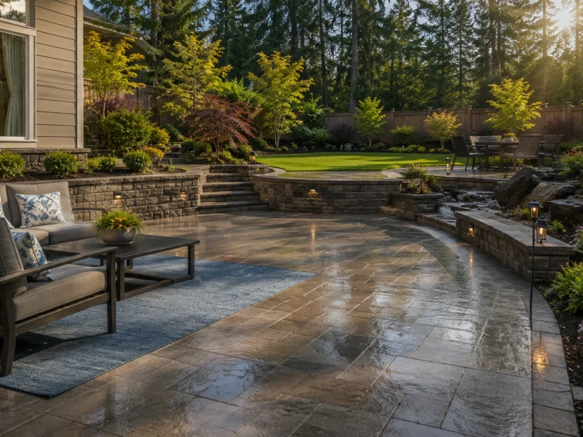 Power-washed paver patio with outdoor furniture