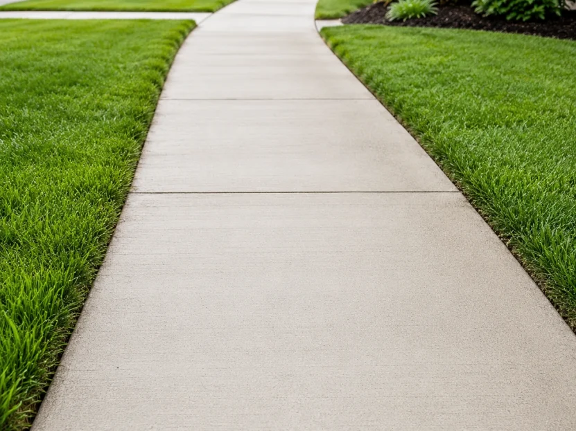 Power-washed concrete sidewalk between lawns