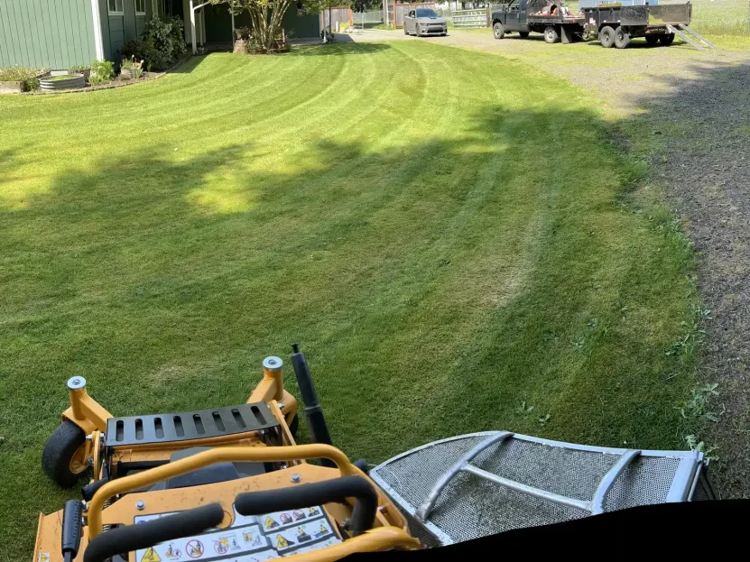 Freshly mowed lawn with mowing equipment in the driveway